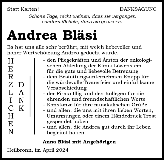 Traueranzeige von Andrea Bläsi von GESAMT