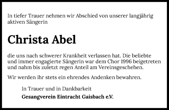 Traueranzeige von Christa Abel von GESAMT