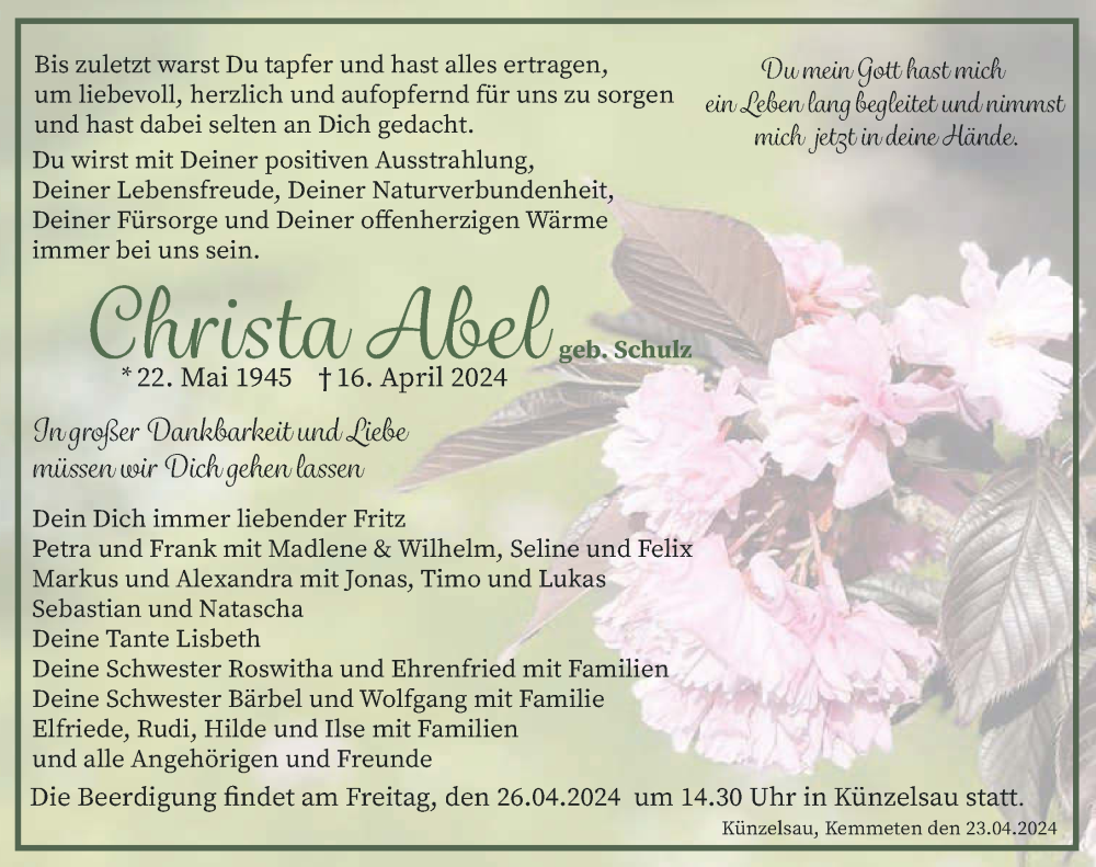  Traueranzeige für Christa Abel vom 23.04.2024 aus GESAMT