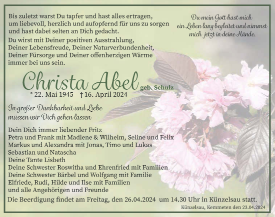 Traueranzeige von Christa Abel von GESAMT