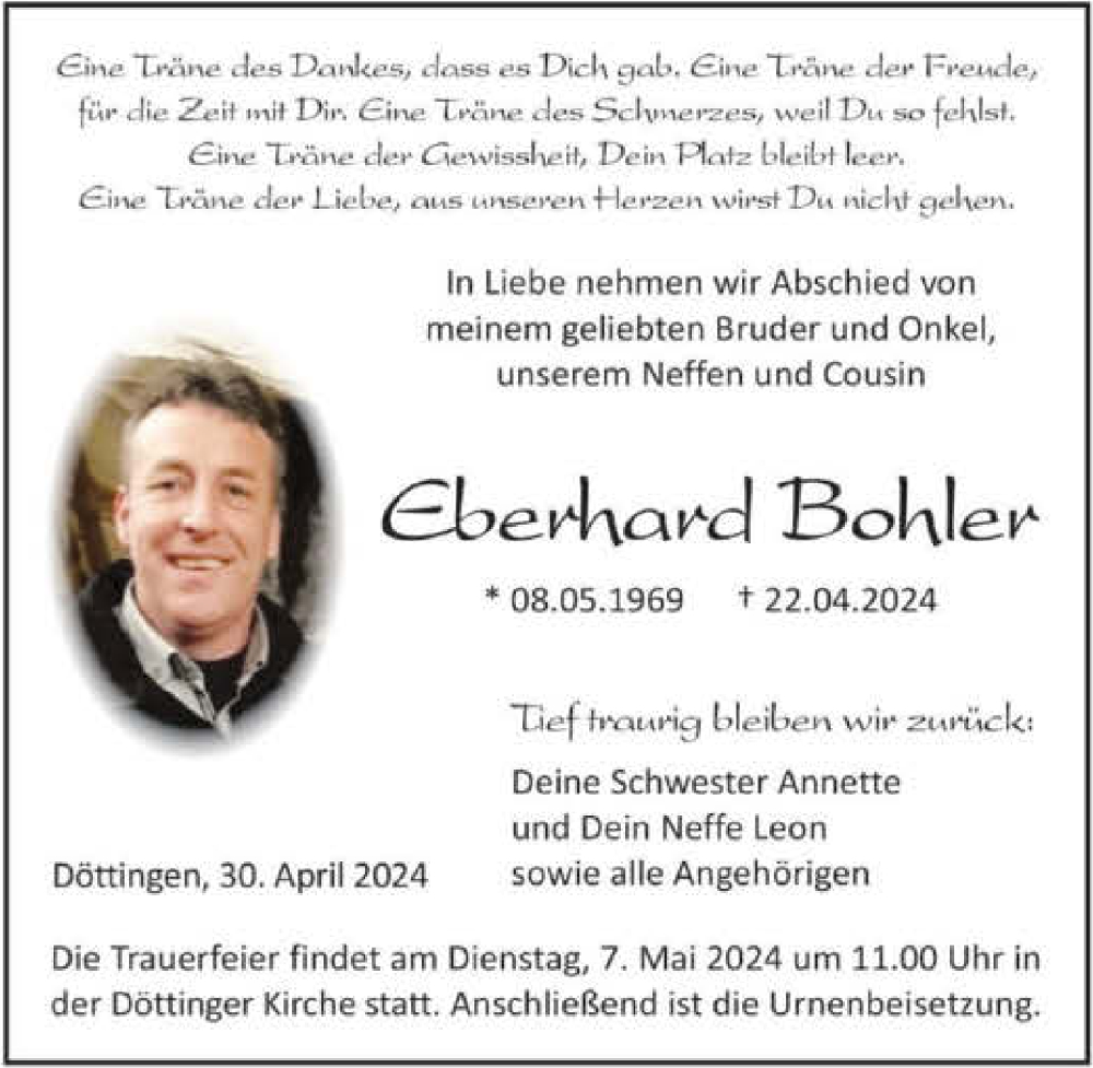  Traueranzeige für Eberhard Bohler vom 30.04.2024 aus GESAMT