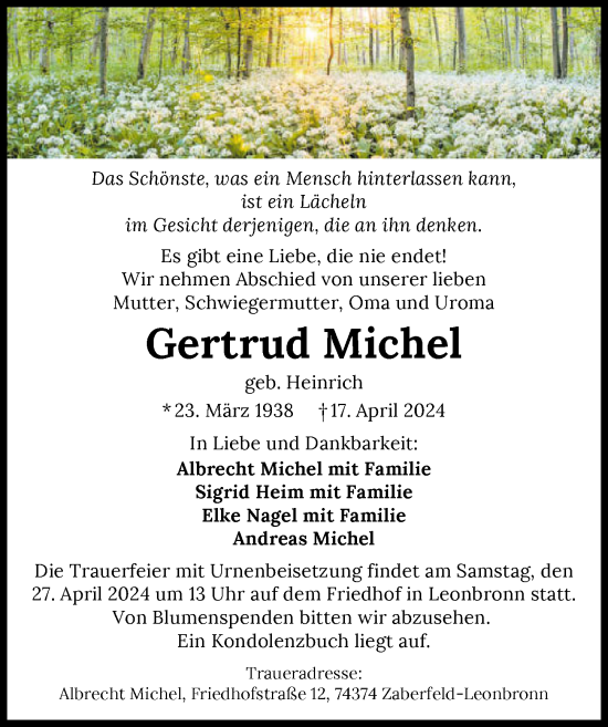 Traueranzeige von Gertrud Michel von GESAMT