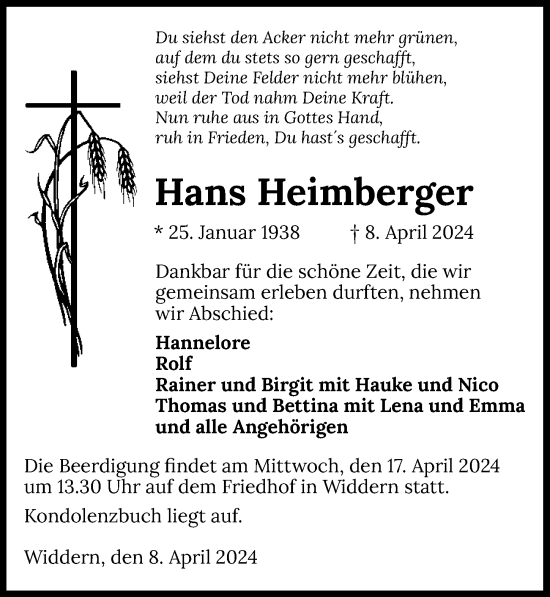 Traueranzeige von Hans Heimberger von GESAMT