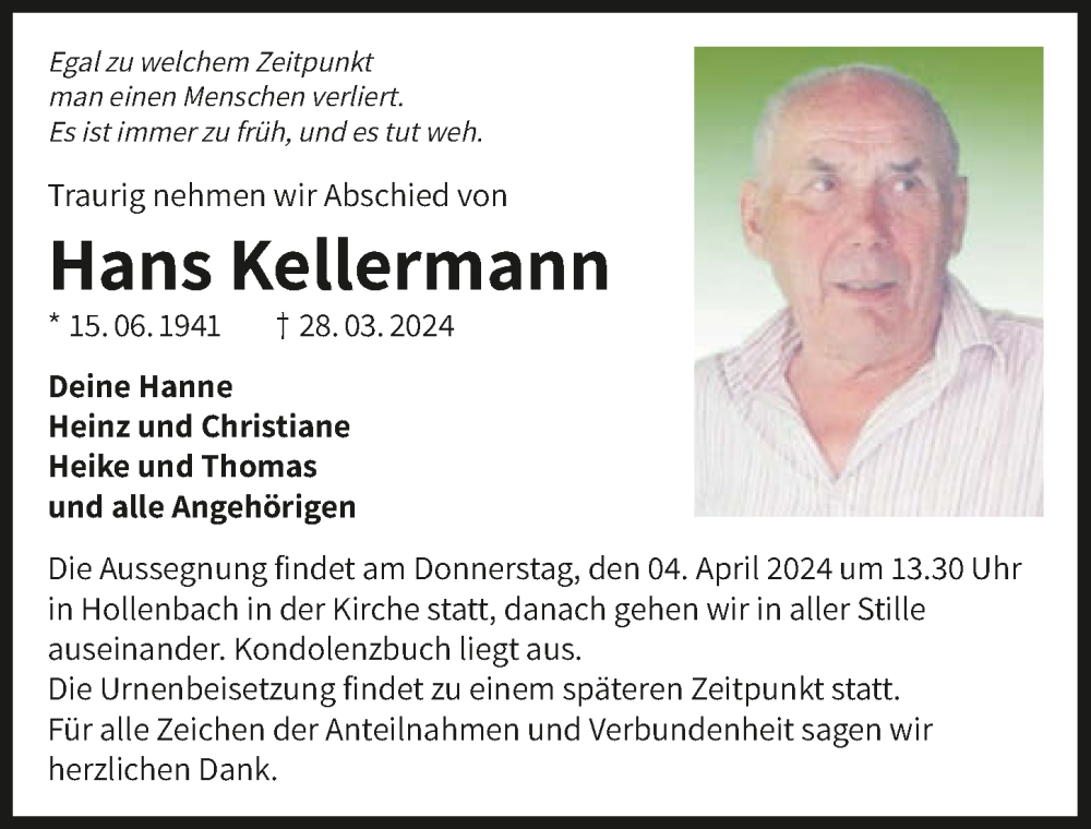  Traueranzeige für Hans Kellermann vom 03.04.2024 aus GESAMT