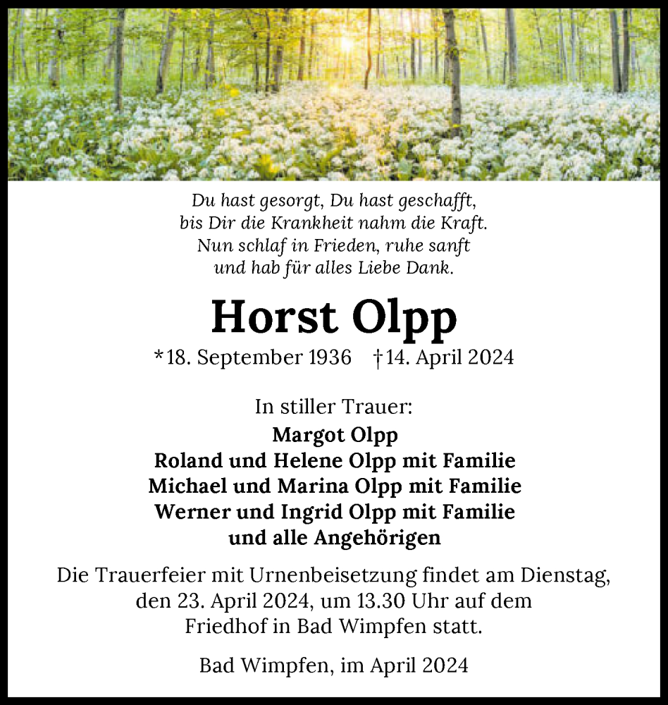  Traueranzeige für Horst Olpp vom 20.04.2024 aus GESAMT