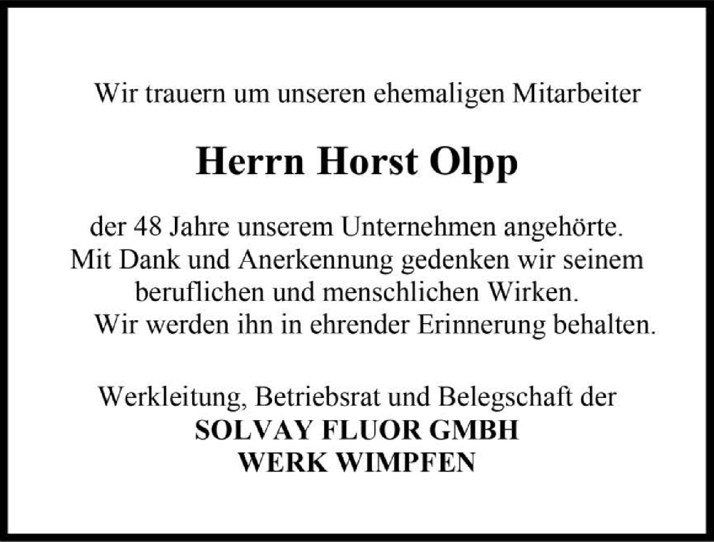 Traueranzeige für Horst Olpp vom 20.04.2024 aus GESAMT