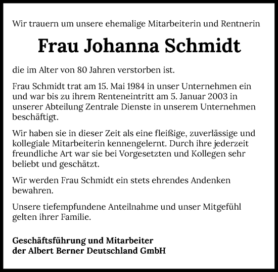 Traueranzeige von Johanna Schmidt von GESAMT