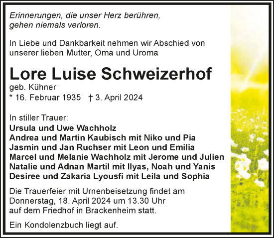 Traueranzeige von Lore Luise Schweizerhof von GESAMT