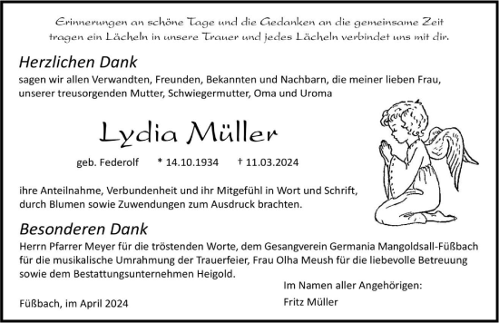 Traueranzeige von Lydia Müller von GESAMT