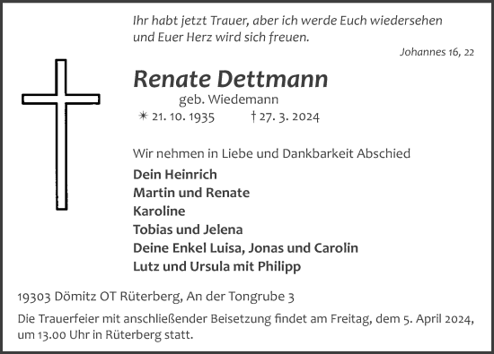 Traueranzeige von Renate Dettmann von GESAMT