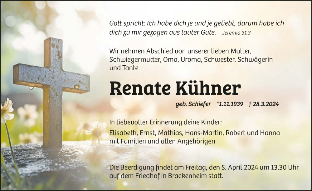  Traueranzeige für Renate Kühner vom 03.04.2024 aus GESAMT