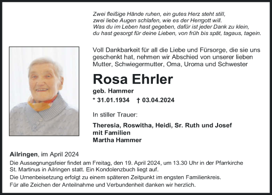 Traueranzeige von Rosa Ehrler von GESAMT