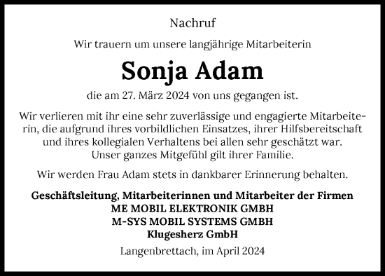 Traueranzeige von Sonja Adam von GESAMT