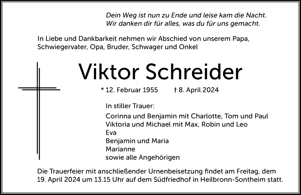 Traueranzeige für Viktor Schreider vom 13.04.2024 aus GESAMT