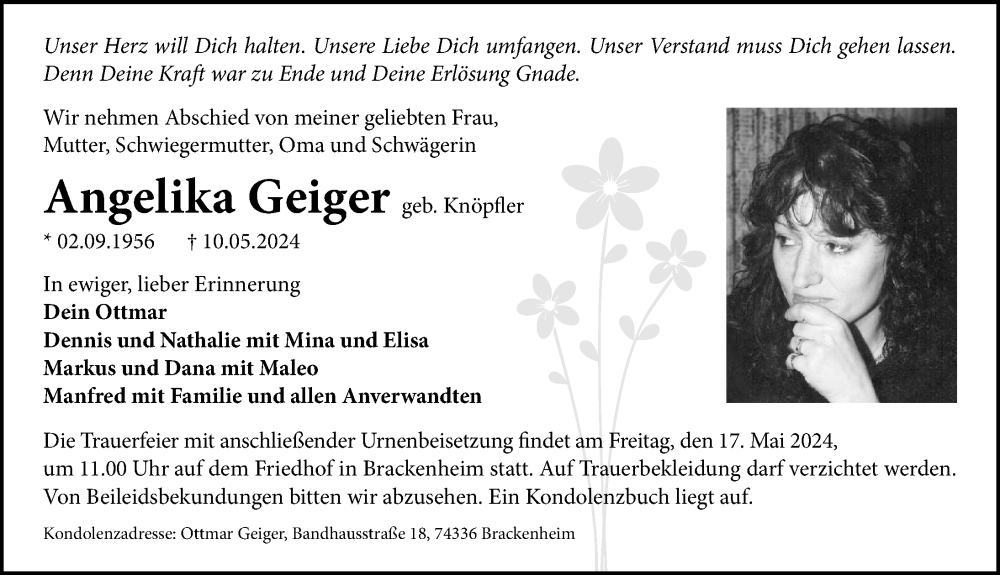  Traueranzeige für Angelika Geiger vom 15.05.2024 aus GESAMT