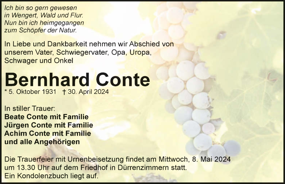  Traueranzeige für Bernhard Conte vom 04.05.2024 aus GESAMT