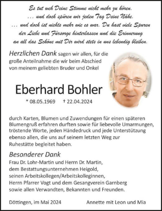 Traueranzeige von Eberhard Bohler von GESAMT