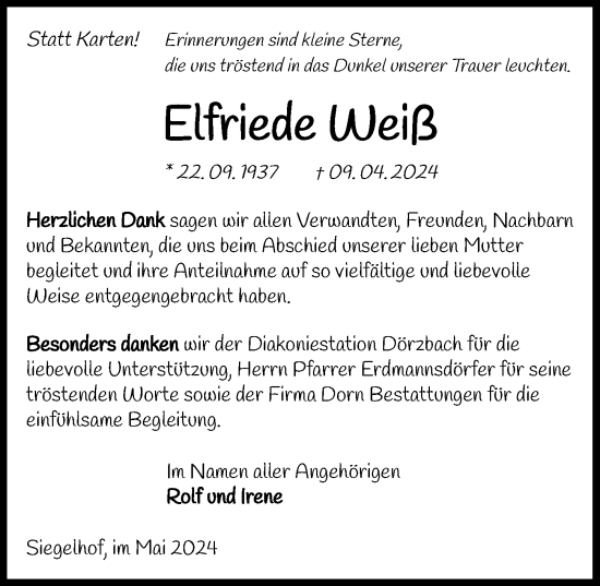 Traueranzeige von Elfriede Weiß von GESAMT