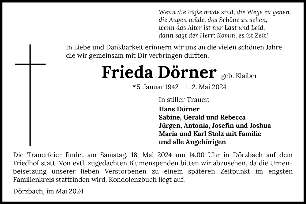  Traueranzeige für Frieda Dörner vom 15.05.2024 aus GESAMT