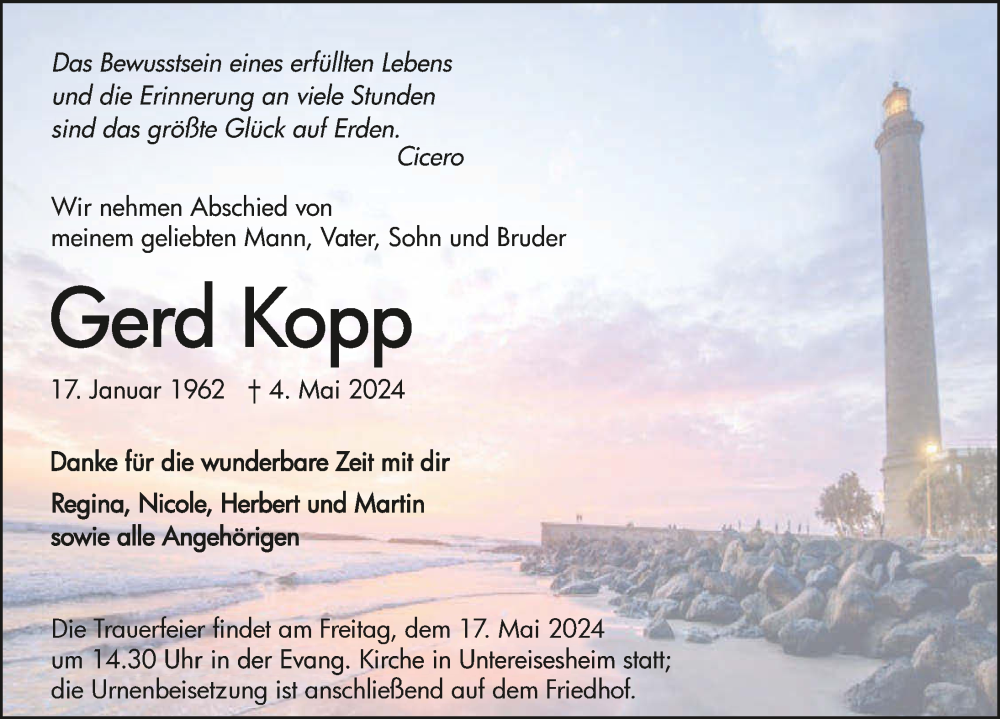  Traueranzeige für Gerd Kopp vom 11.05.2024 aus GESAMT