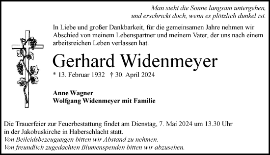 Traueranzeige von Gerhard Widenmeyer von GESAMT