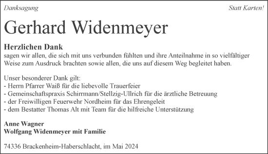 Traueranzeige von Gerhard Widenmeyer von GESAMT