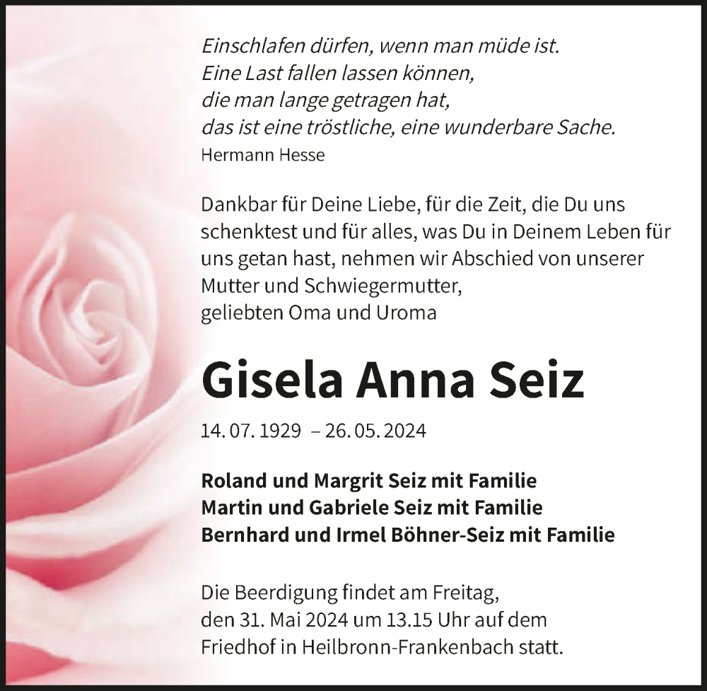  Traueranzeige für Gisela Anna Seiz vom 28.05.2024 aus GESAMT