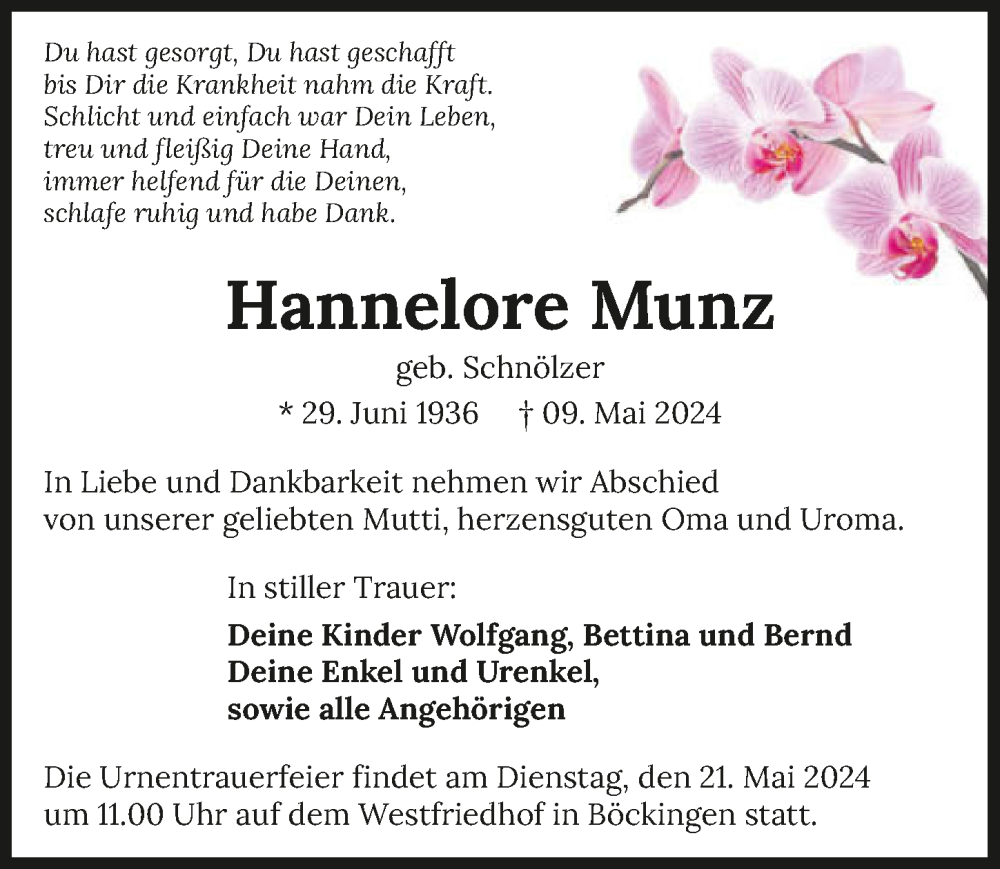  Traueranzeige für Hannelore Munz vom 18.05.2024 aus GESAMT