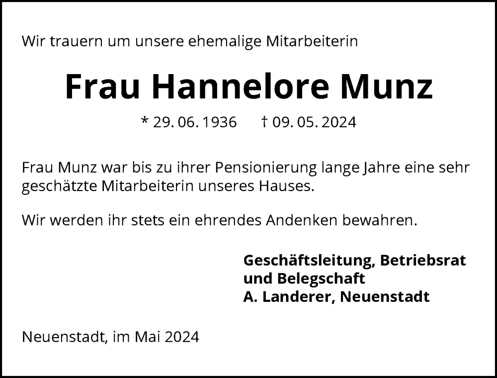 Traueranzeige für Hannelore Munz vom 18.05.2024 aus GESAMT