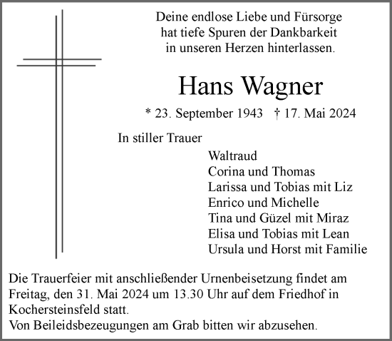 Traueranzeige von Hans Wagner von GESAMT