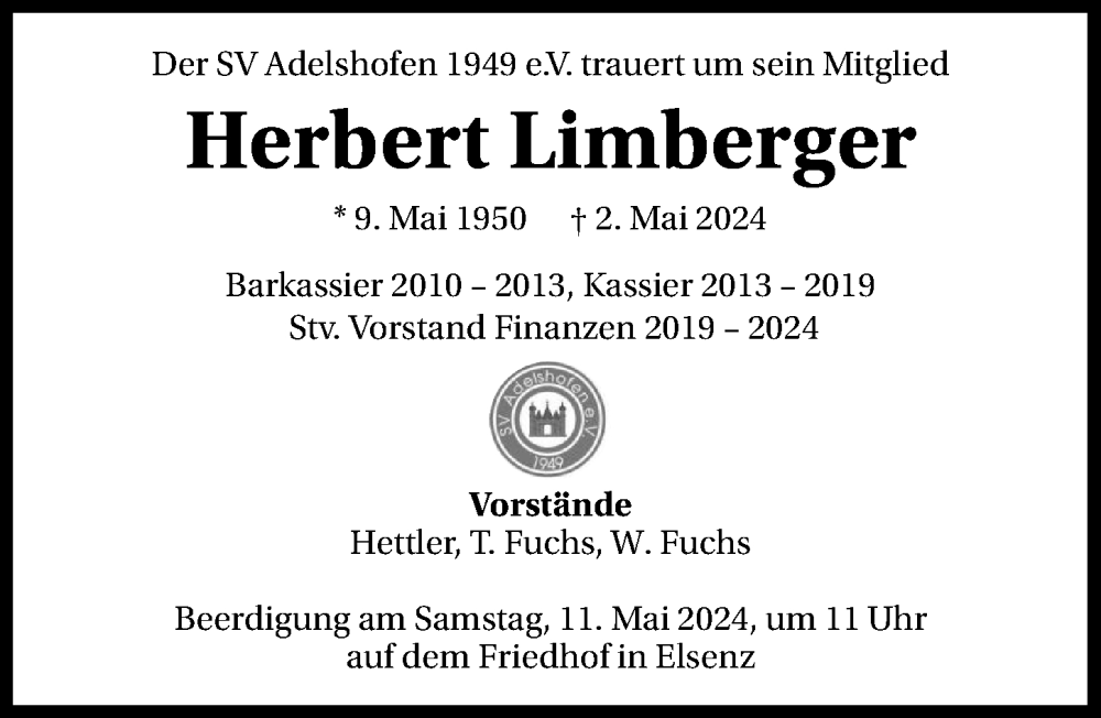  Traueranzeige für Herbert Limberger vom 08.05.2024 aus GESAMT