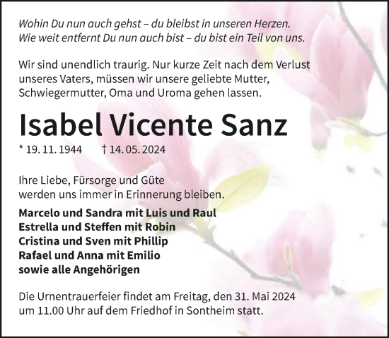 Traueranzeige von Isabel Vicente Sanz von GESAMT