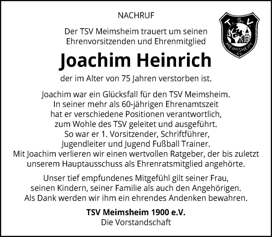 Traueranzeige von Joachim Heinrich von GESAMT