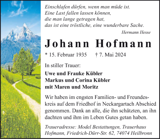 Traueranzeige von Johann Hofmann von GESAMT
