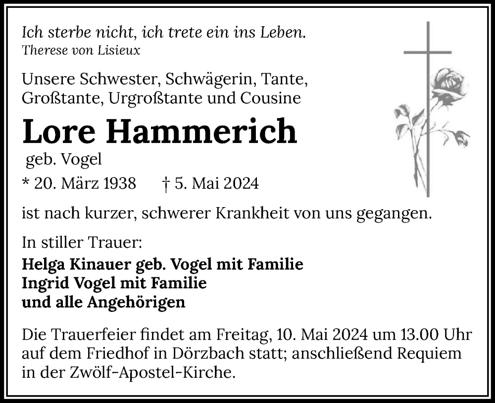  Traueranzeige für Lore Hammerich vom 08.05.2024 aus GESAMT