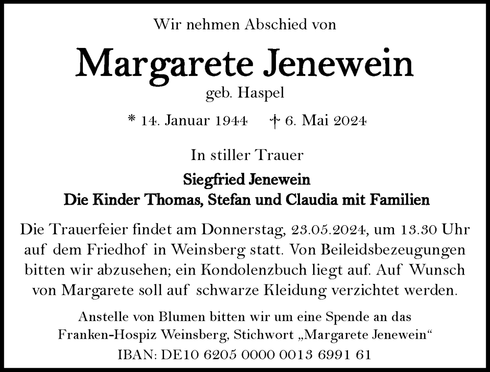  Traueranzeige für Margarete Jenewein vom 11.05.2024 aus GESAMT