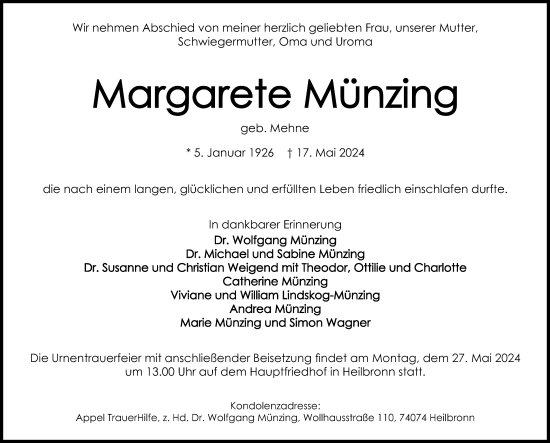 Traueranzeige von Margarete Münzing