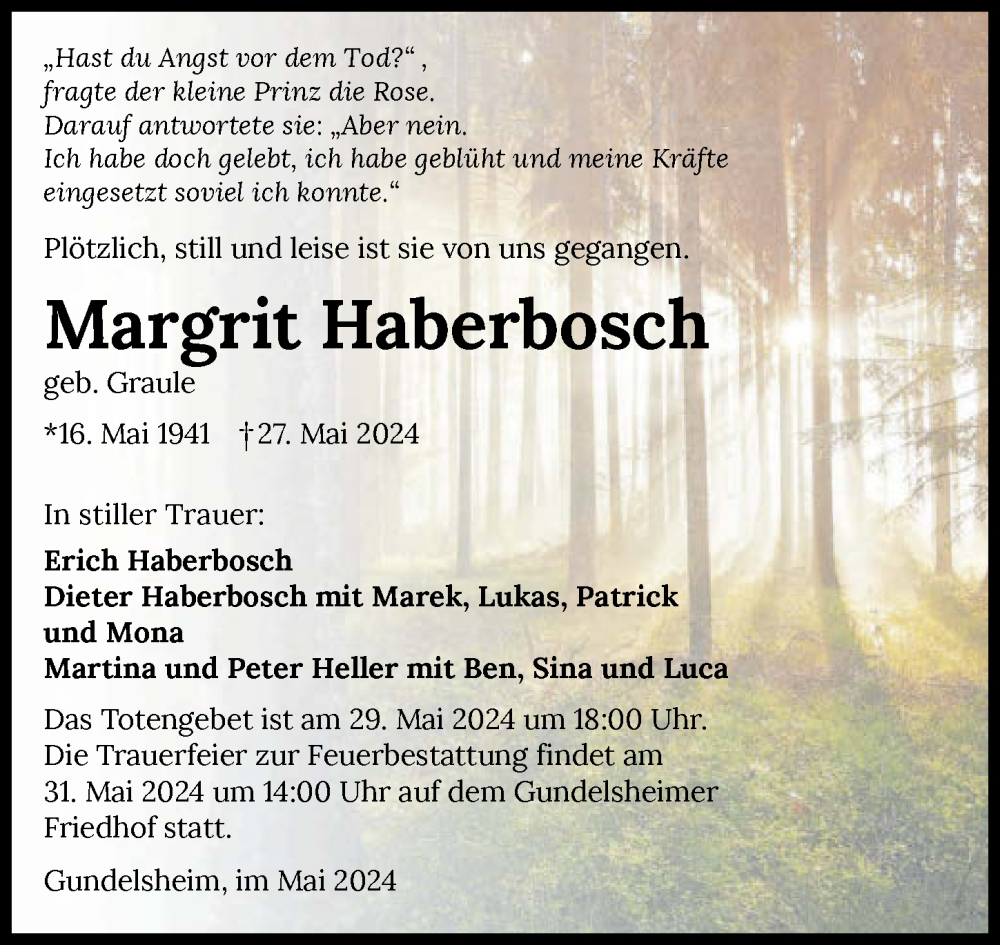  Traueranzeige für Margrit Haberbosch vom 29.05.2024 aus GESAMT
