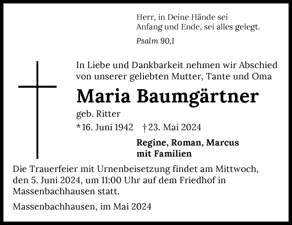  Traueranzeige für Maria Baumgärtner vom 28.05.2024 aus GESAMT