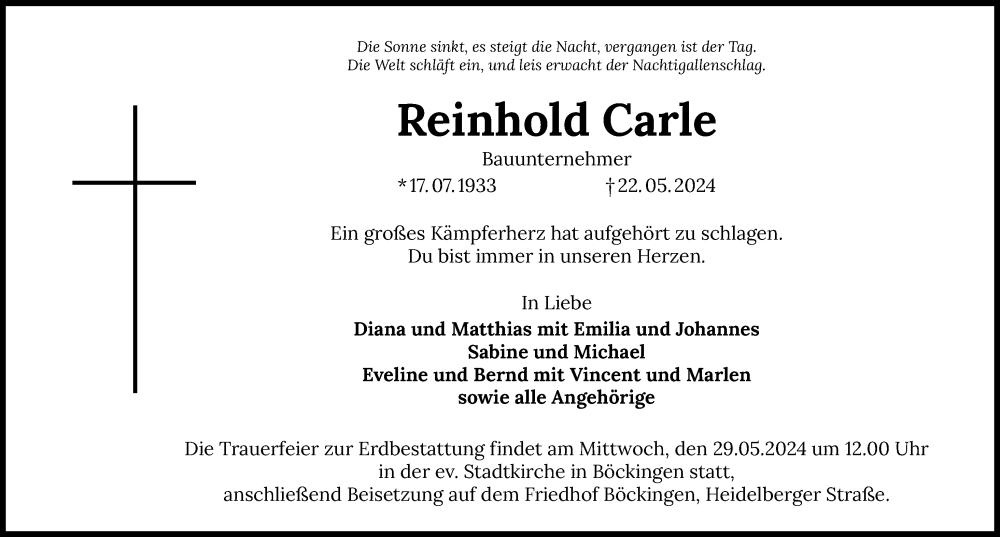  Traueranzeige für Reinhold Carle vom 25.05.2024 aus GESAMT