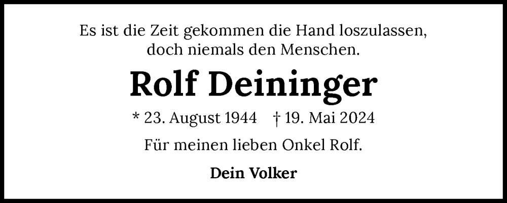  Traueranzeige für Rolf Deininger vom 25.05.2024 aus GESAMT