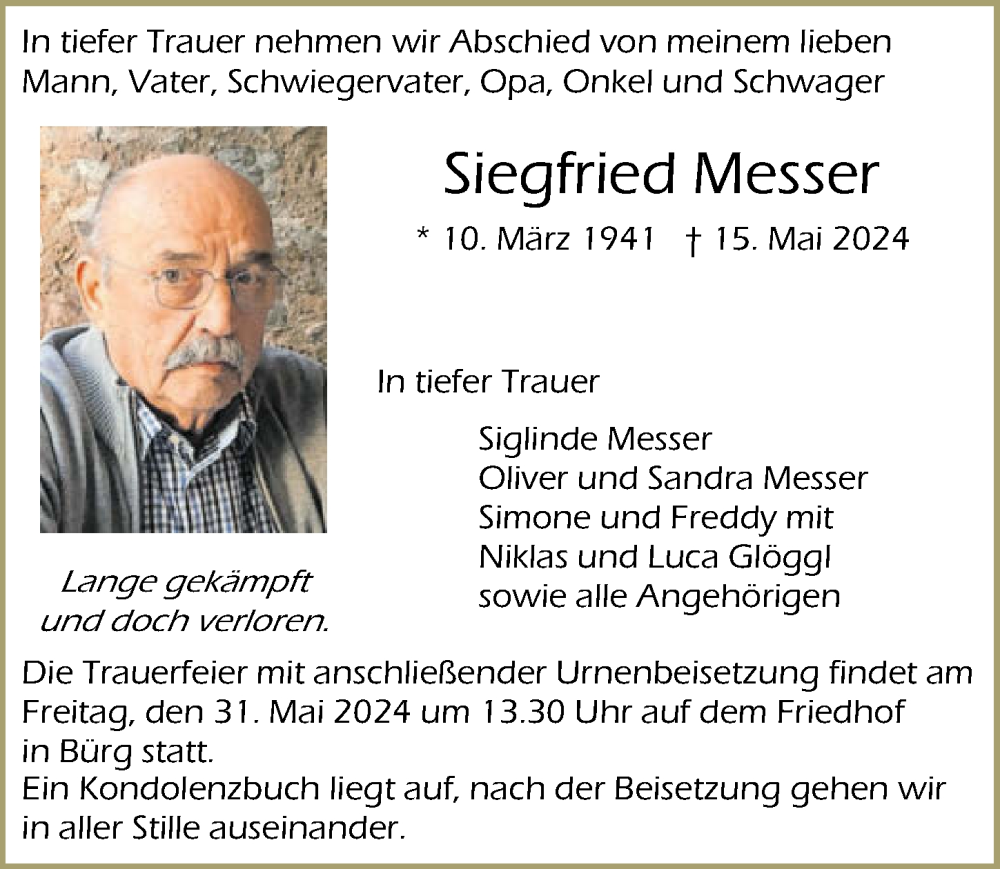  Traueranzeige für Siegfried Messer vom 27.05.2024 aus GESAMT