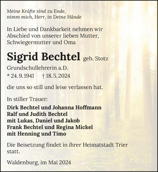 Traueranzeige von Sigrid Bechtel von GESAMT