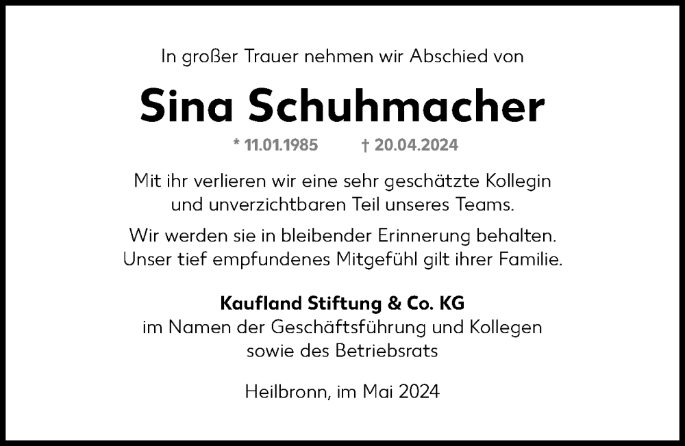  Traueranzeige für Sina Schuhmacher vom 04.05.2024 aus GESAMT