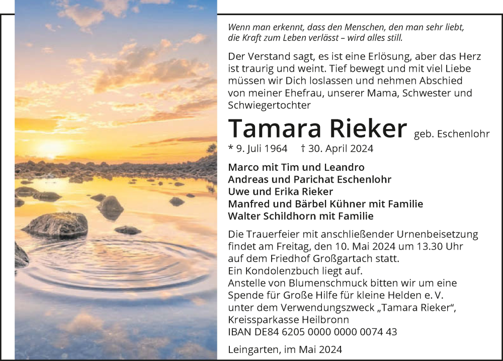  Traueranzeige für Tamara Rieker vom 04.05.2024 aus GESAMT