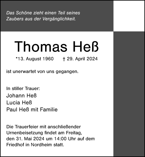 Traueranzeige von Thomas Heß von GESAMT