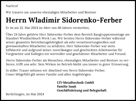 Traueranzeige von Wladimir Sidorenko-Ferber von GESAMT