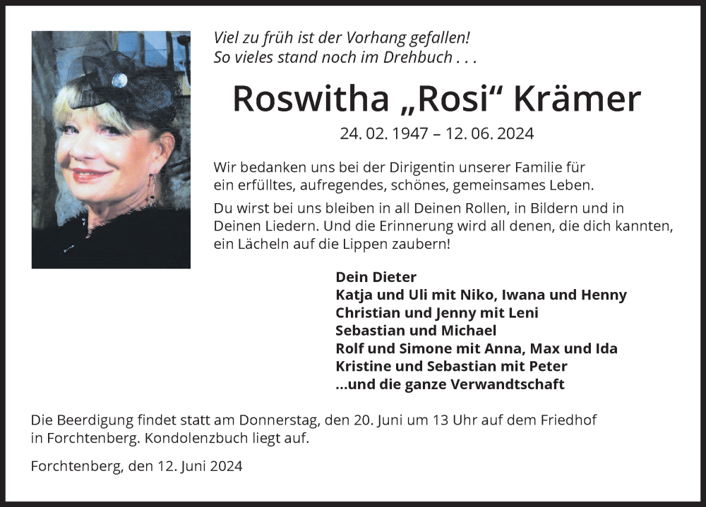  Traueranzeige für Roswitha Krämer vom 17.06.2024 aus GESAMT