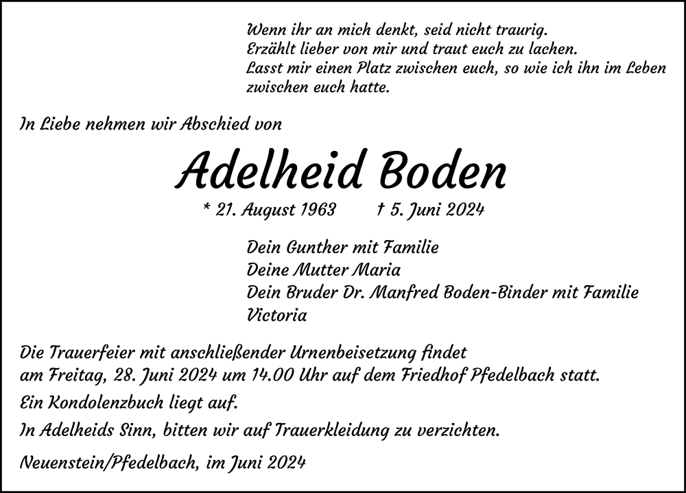  Traueranzeige für Adelheid Boden vom 24.06.2024 aus GESAMT