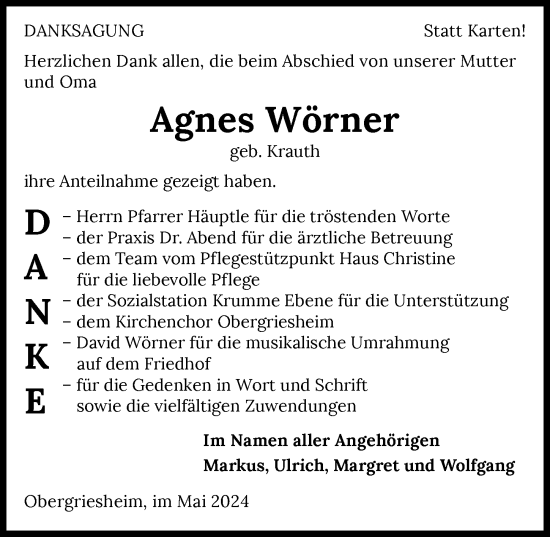 Traueranzeige von Agnes Wörner von GESAMT